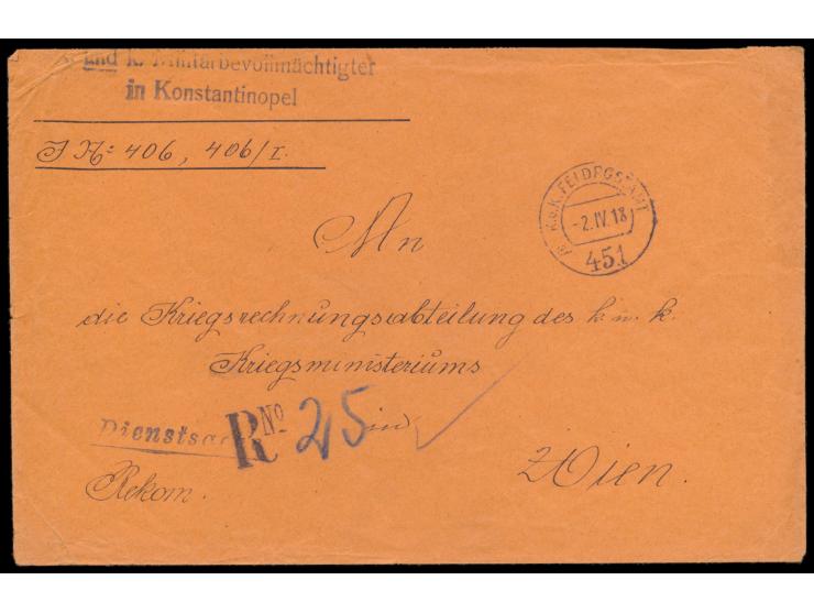 Stempel  K. u. k. Feldpostamt 451 a  2.4.18 (in Konstantinopel) auf portofreiem  Rekobrief  nach Wien, Stempel "R No." mit ha