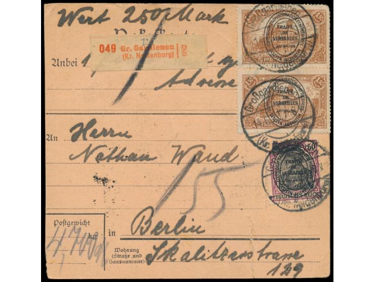 2. Ausgabe 50 Pf. und 2 x 1,50 M. (1 x Zähnung bestoßen) vorderseitig auf  Wert-Paketkarte  mit Wertangabe 250 Mark, roter We