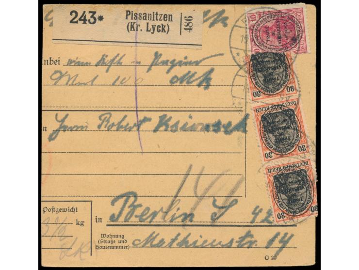 2. Ausgabe 10 Pf., 3 x 30 Pf.  vorderseitig und 2,50 M. rückseitig auf  Paketkarte  mit Wertangabe 100 Mark, sehr seltener Po