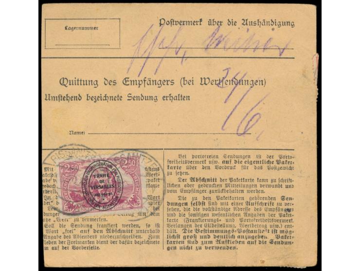 2. Ausgabe 10 Pf., 3 x 30 Pf.  vorderseitig und 2,50 M. rückseitig auf  Paketkarte  mit Wertangabe 100 Mark, sehr seltener Po