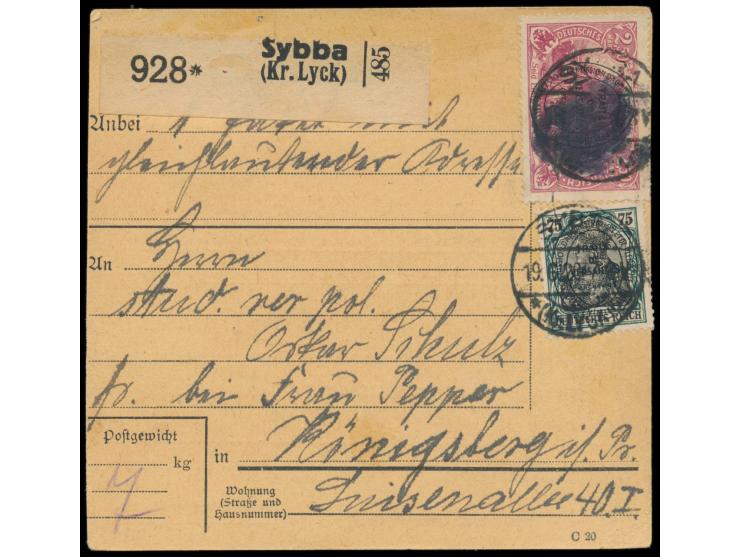 2. Ausgabe 2 x 75 Pf. (1 x rückseitig) und 2,50 M. auf  Paketkarte  mit seltenem Postagentur-Stempel  Sybba (Kr. Lyck)  19.6.
