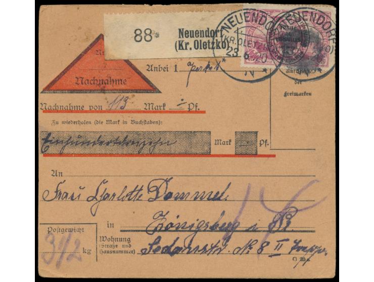 2. Ausgabe 2,50 M. und 20 Pf. und 30 Pf. (rückseitig) auf  Nachnahme-Paketkarte  mit Postagentur-Stempel  Neuendorf (Kr. Olet