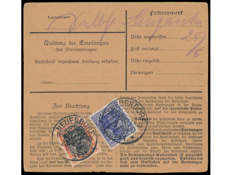 2. Ausgabe 2,50 M. und 20 Pf. und 30 Pf. (rückseitig) auf  Nachnahme-Paketkarte  mit Postagentur-Stempel  Neuendorf (Kr. Olet