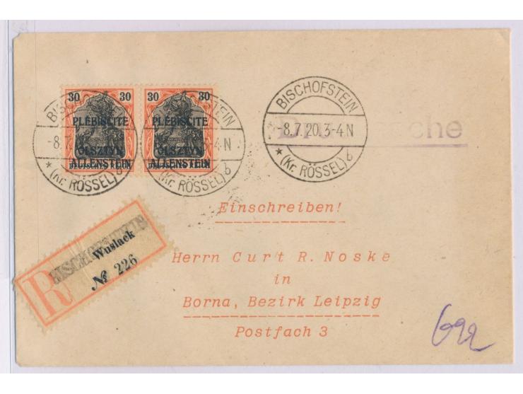 1. Ausgabe 30 Pf. im waagerechtem Paar auf Einschreibbrief an Noske in Borna, Stempel  Bischofstein (Kr. Rössel) b  8.7.20,  