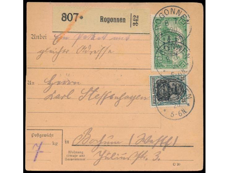 2. Ausgabe 75 Pf. und 1,25 M. auf  Paketkarte  mit Einkreisstempel der Postagentur  Ragonnen  8.7.20, nach Bochum, Ankunftste