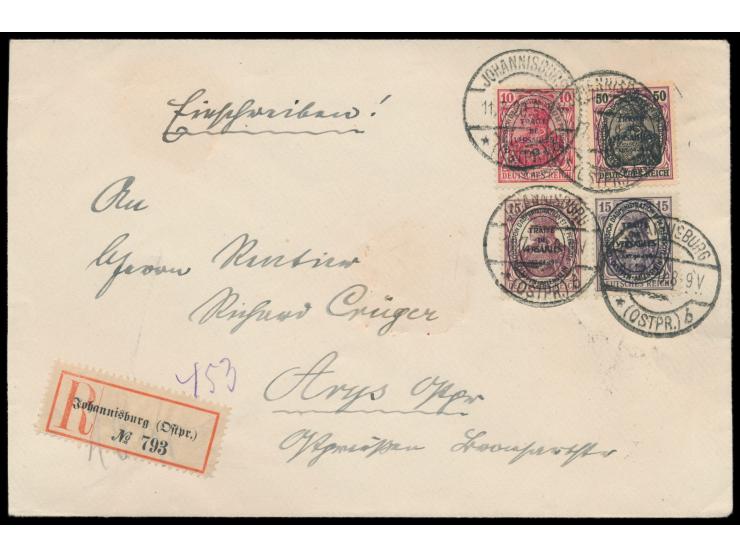 Mischfrankatur 10 Pf., 15 Pf. violett und  15 Pf. braun  und 50 Pf. auf  Einschreibbrief  mit Stempel  Johannisburg (Ostpr.) 