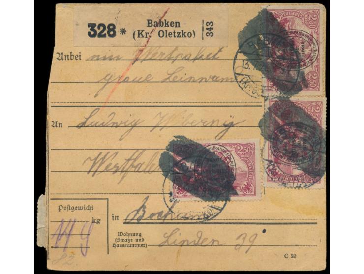 2. Ausgabe 3 x 2,50 M. vorderseitig mit Stempel der Postagentur &nbsp;Babken (Kr. Oletzko) &nbsp;13.7.20 und zusätzlichem &nb