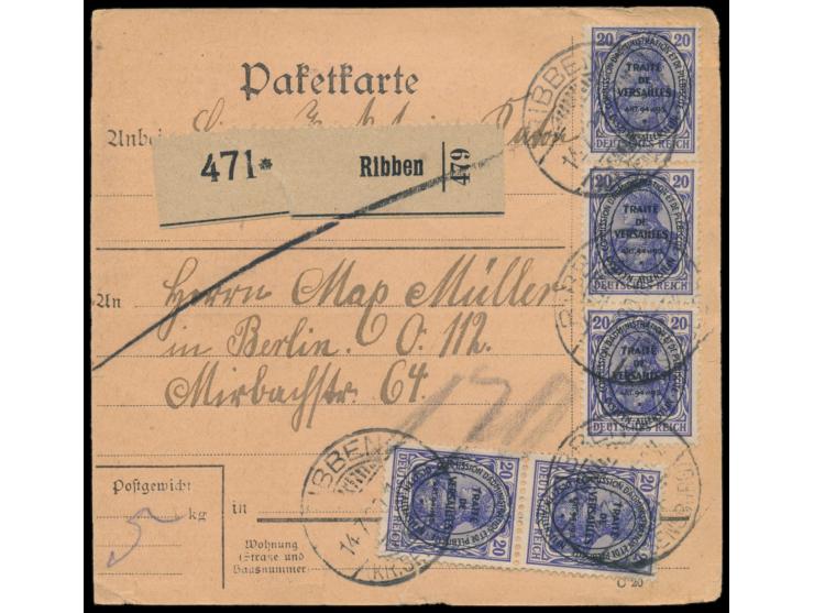 1. Ausgabe 5 x 20 Pf. rückseitig und 2. Ausgabe 5 x 20 Pf. vorderseitig als wertstufengleiche Mischfrankatur auf  Paketkarte 