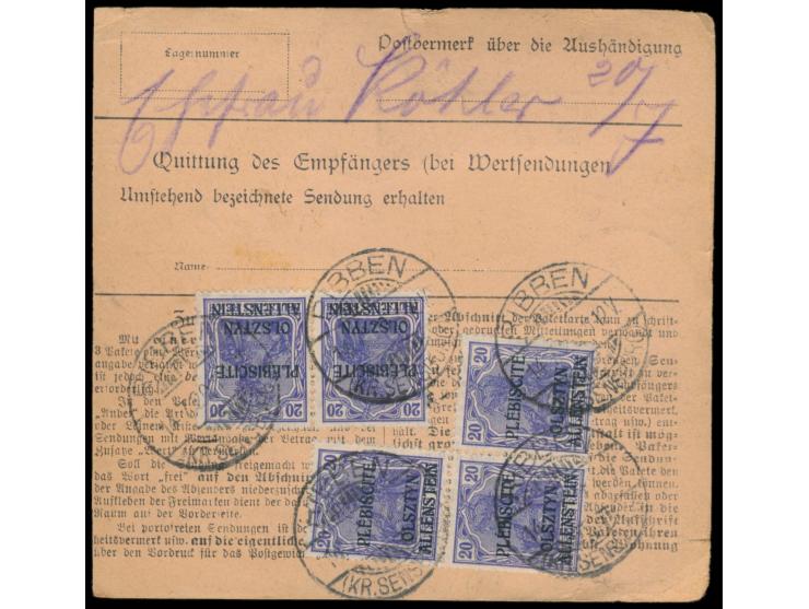 1. Ausgabe 5 x 20 Pf. rückseitig und 2. Ausgabe 5 x 20 Pf. vorderseitig als wertstufengleiche Mischfrankatur auf  Paketkarte 