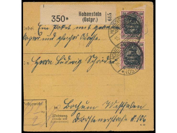 2. Ausgabe 2 x 50 Pf. (vorderseitig) und rückseitig 2 x 1,50 M. auf  Paketkarte  mit Stempel  Hohenstein (Ostpr.)  15.7.20 na