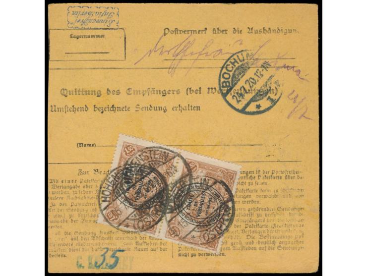 2. Ausgabe 2 x 50 Pf. (vorderseitig) und rückseitig 2 x 1,50 M. auf  Paketkarte  mit Stempel  Hohenstein (Ostpr.)  15.7.20 na