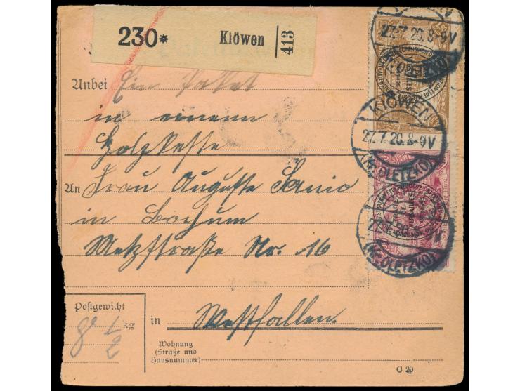 2. Ausgabe 1,50 M. und 2,50 M. auf  Paketkarte  mit Postagentur-Stempel  Kiöwen   (Kr. Oletzko)  27.7.20, nach Bochum, Abkunf