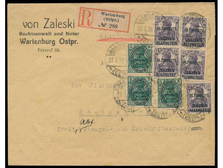 Mischfrankatur 1. Ausgabe 5 x 15 Pf. violett und 2. Ausgabe 3 x 5 Pf. auf  Einschreibbrief  mit Stempel  Wartenburg (Ostpr.) 