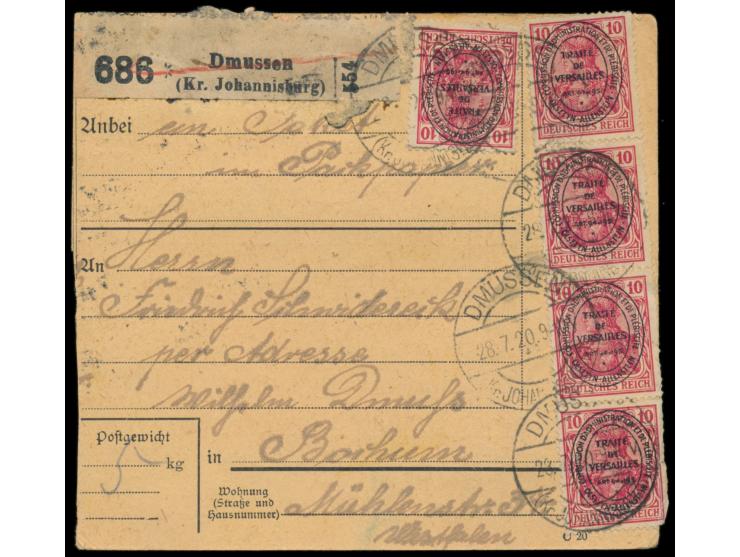 2. Ausgabe 5 x 10 Pf. und 10 x 15 Pf. (rückseitig) auf  Paketkarte  mit sehr seltenem Stempel der Postagentur  Dmussen (Kr. J