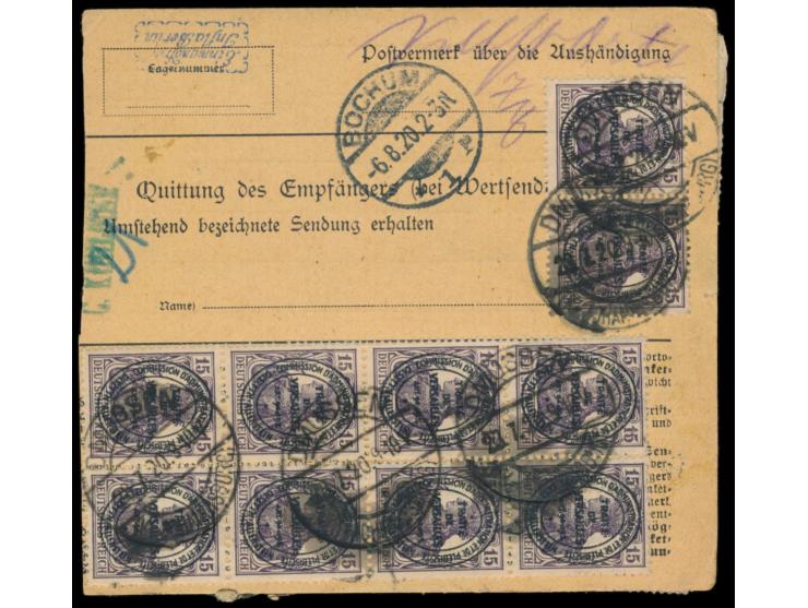 2. Ausgabe 5 x 10 Pf. und 10 x 15 Pf. (rückseitig) auf  Paketkarte  mit sehr seltenem Stempel der Postagentur  Dmussen (Kr. J