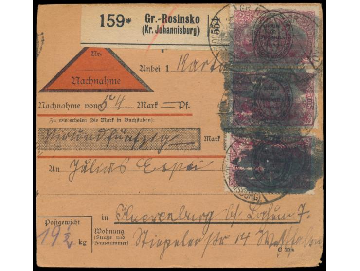 2. Ausgabe 50 Pf. und 5 x 2,50 M. beidseitig auf &nbsp;Nachnahme-Paketkarte &nbsp;nach Bochum, Postagentur-Stempel &nbsp;Gr. 