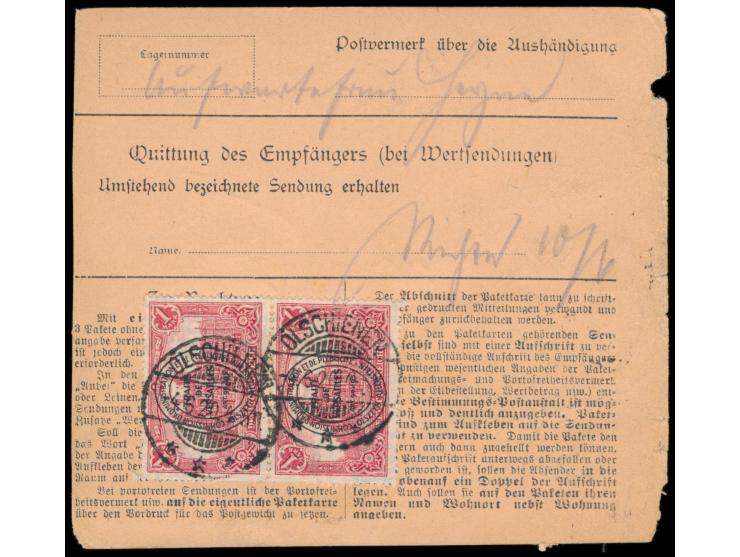 2. Ausgabe 50 Pf. und 3 x 1 M. beidseitig auf  Paketkarte  mit Wertangabe 90 Mark (vorderseitige Marken beschädigt), sehr sel