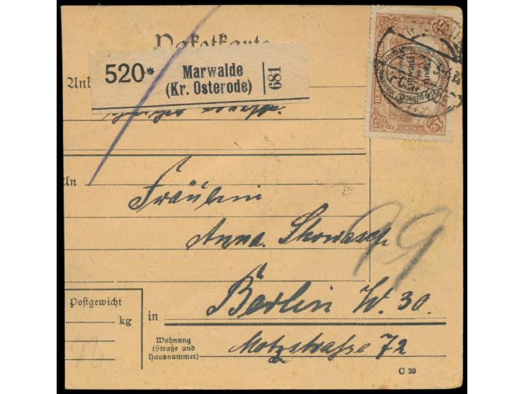 2. Ausgabe 50 Pf. (Unterrandmarke mit Teil-HAN) rückseitig und 1,50 M. vorderseitig auf  Paketkarte,  seltener Stempel der Po