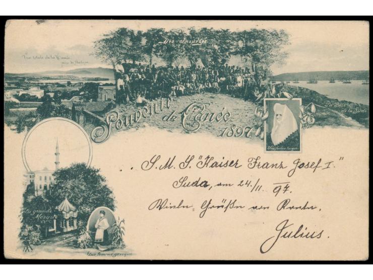 Kreta-Blockade: &nbsp;Stempel &nbsp;Hania &nbsp;26.11.97 auf Ansichtskarte &quot;Souvenir de Canée 1897&quot; mit 2 x Türkei 