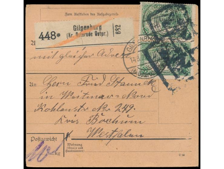 2. Ausgabe 3 x 50 Pf. rückseitig und 2 x 1,25 M. vorderseitig auf  Paketkarte  mit Stempel des Postamts III. Klasse  Gilgenbu