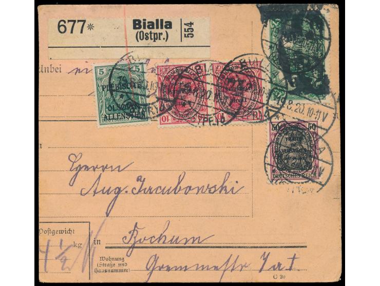 1. Ausgabe 5 Pf. und 2. Ausgabe 2 x 10 Pf., 50 Pf. und 1,25 M. komplett vorderseitig auf  Paketkarte  mit Stempel  Bialla (Os