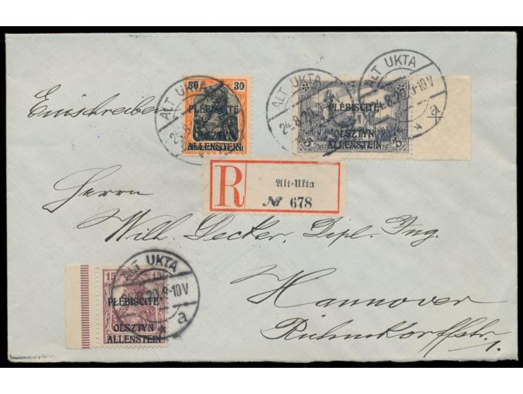 1. Ausgabe 15 Pf., 30 Pf. und 3 M. (rechts Seitenrand mit Passerkreuz) auf  Einschreibbrief,  Stempel  Alt Ukta a  24.8.20, n