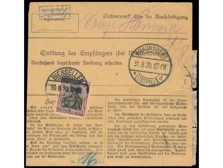 Paketkarte  mit vorderseitig 2. Ausgabe 3 x 1,50 M. (über den Rand geklebt, zwei Marken kleine Eckfehler) und rückseitig Dt. 