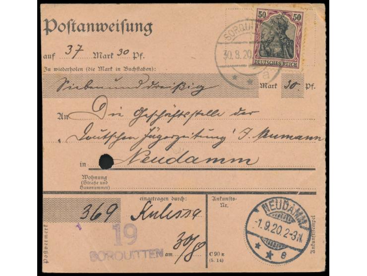 Einzelfrankatur 50 Pf. (ohne Aufdruck, einige Zahnspitzen mit Stockpunkten) während der Verwendungszeit der Aufdruckausgaben 