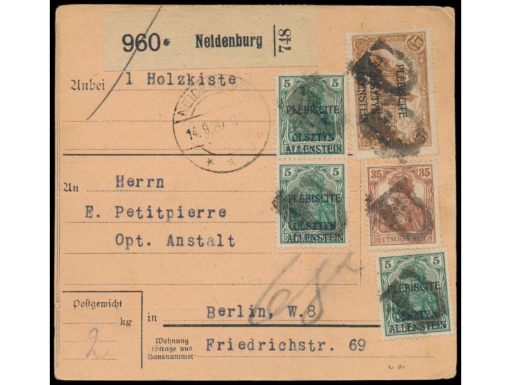 1. Ausgabe 3 x 5 Pf. und 1,50 M. als Aufbrauchsverwendung und 35 Pf. (ohne Aufdruck) auf  Paketkarte  nach Berlin, alle Marke