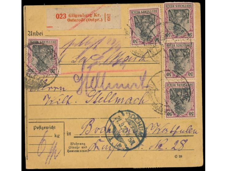 Wert-Paketkarte  mit vorderseitig 5 x  Dt. Reich  50 Pf. (1 x beschädigt), und rückseitig Massenfrankatur von  2. Ausgabe  20