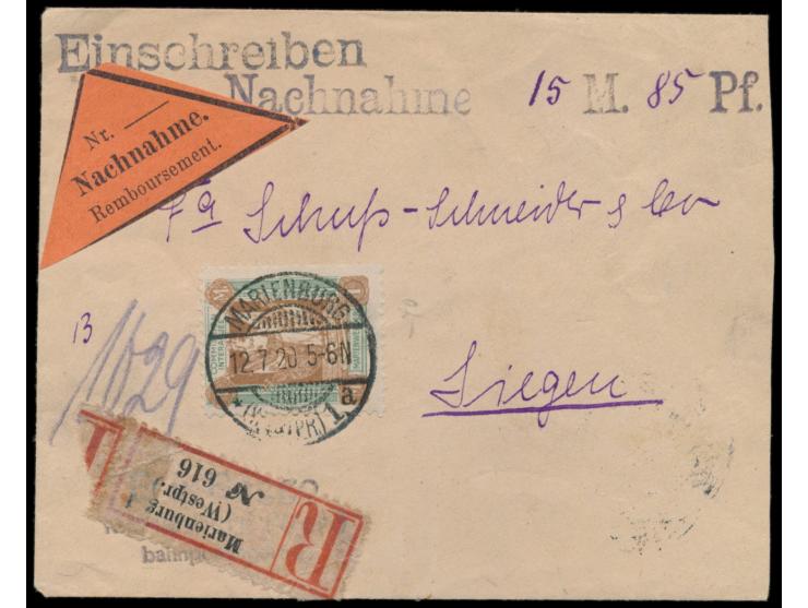 Nachnahme-Einschreibbrief  mit 1. Mailänder Ausgabe 2 x 20 Pf. (rückseitig) und 1 M. (vorderseitig), Stempel  Marienburg (Wes
