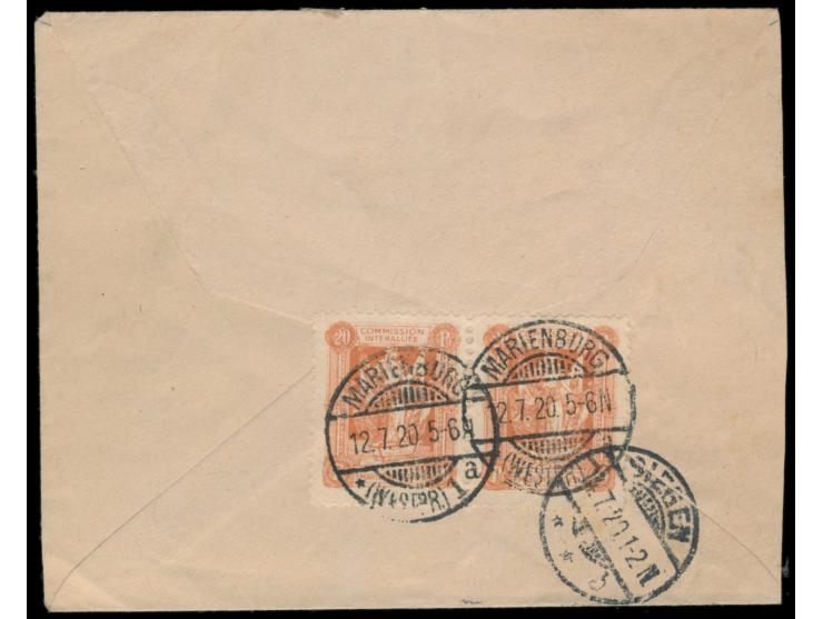 Nachnahme-Einschreibbrief  mit 1. Mailänder Ausgabe 2 x 20 Pf. (rückseitig) und 1 M. (vorderseitig), Stempel  Marienburg (Wes