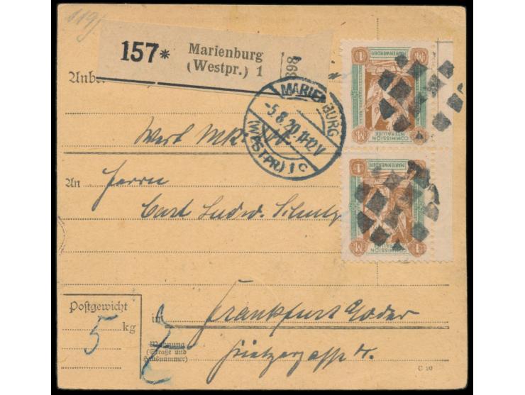 1. Mailänder Ausgabe 10 Pf. (beschädigt), 2 x 20 Pf. und 3 x 1 M. beidseitig auf  Paketkarte,  Korkstempel-Entwertung und Ort