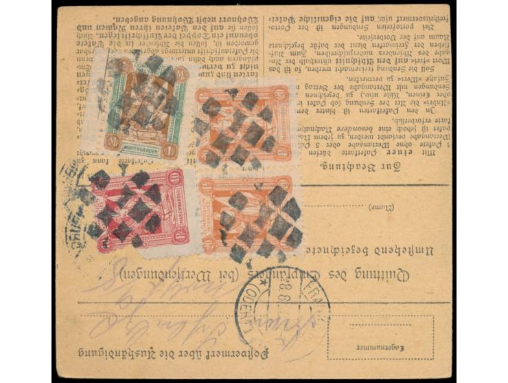 1. Mailänder Ausgabe 10 Pf. (beschädigt), 2 x 20 Pf. und 3 x 1 M. beidseitig auf  Paketkarte,  Korkstempel-Entwertung und Ort