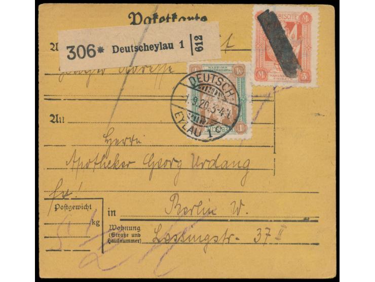 Paketkarte  mit vorderseitiger Frankatur 1 M. (1. Mailänder Ausgabe) mit Ortsstempel  Deutsch Eylau 1 c  1.9.20 und 3 M. (2. 