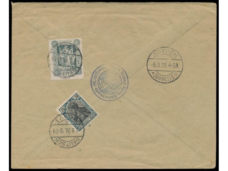 Mischfrankatur Plebiszit-Ausgabe 15 Pf. mit Dt. Reich 75 Pf. (Mitläufer) &nbsp;rückseitig auf &nbsp;Einschreibbrief &nbsp;mit