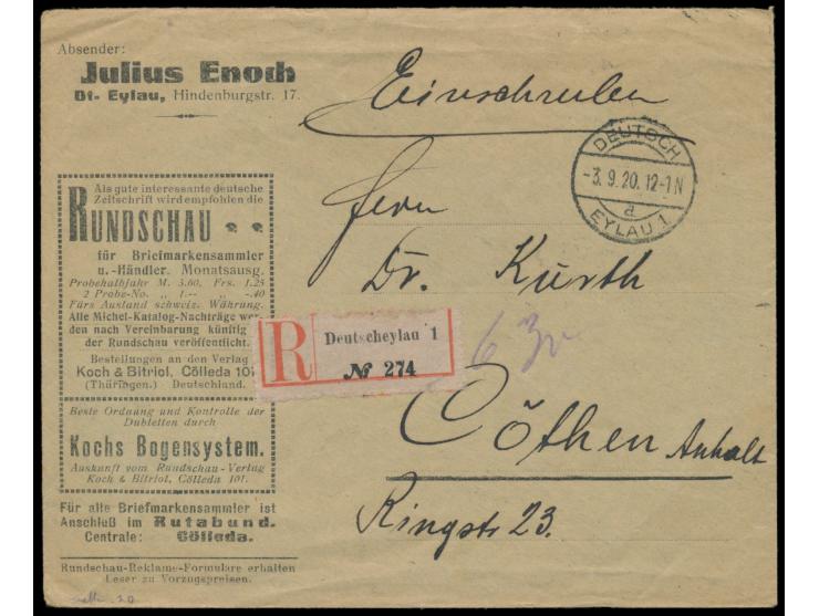 Mischfrankatur Plebiszit-Ausgabe 15 Pf. mit Dt. Reich 75 Pf. (Mitläufer) &nbsp;rückseitig auf &nbsp;Einschreibbrief &nbsp;mit