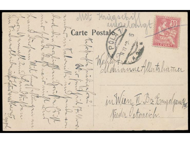 Levante, &nbsp;Französische Levante 10 C. auf Ansichtskarte &nbsp;Saloniki &nbsp;nach Wien, Text: &quot;... Wir sind seit 17.