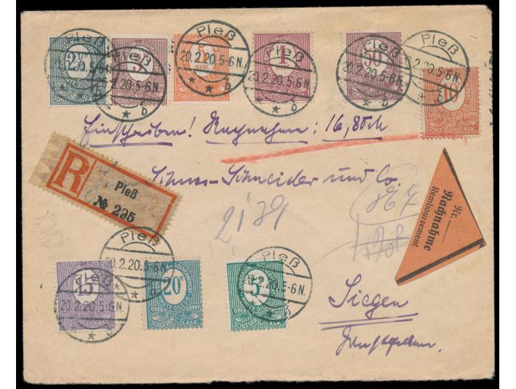 kompletter Satz Ziffernausgabe auf  Nachnahme-R-Brief  mit Ersttagsstempel  Pleß b  20.2.20 nach Siegen, Ankunftstempel 22.2.