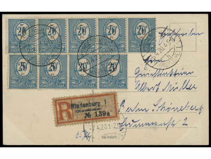 9 x  Aushilfsausgabe  5 Pf. auf 20 Pf. (1 x Typenpaar II a / III a) auf Ansichtskarte Hindenburg O.-S. - Kronprinzenstrasse a