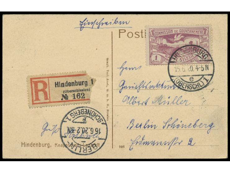 Einzelfrankatur 1 Mark auf  Einschreibkarte  (Ansichtskarte Hindenburg - Knappschafts-Lazarett) mit seltenem Stempel  Hindenb