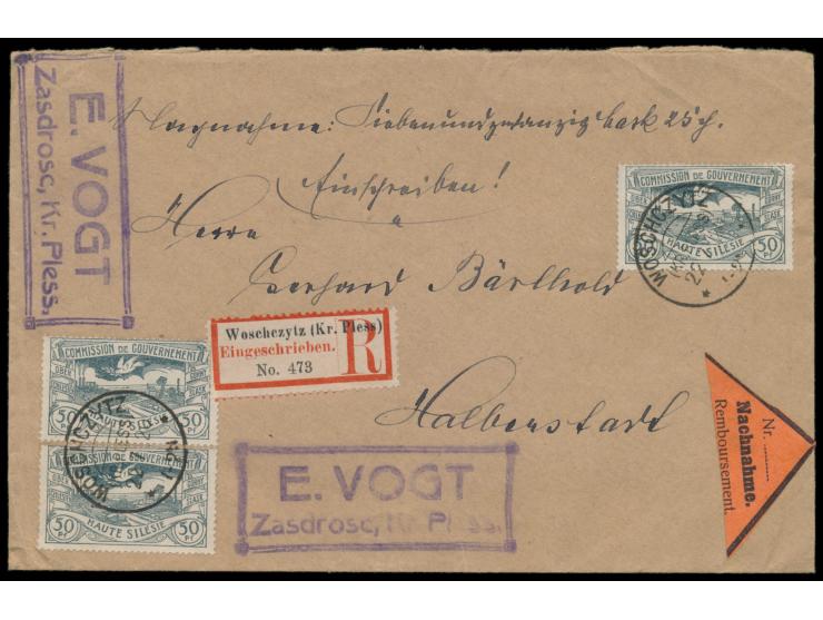 3 x 50 Pf. auf  Nachnahme-Einschreibbrief  mit Segmentstempel  Woschczytz (Kr. Pless)  22.7.20 nach Halberstadt, Ankunftstemp