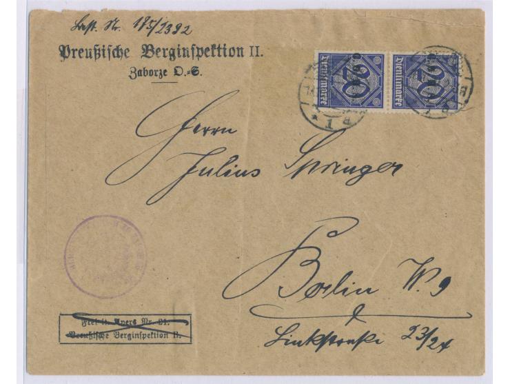2 x  Dienstmarke  20 Pf. mit C.G.H.S.-Aufdruck (eine Marke kleiner Eckfehler) mit Stempel  Zaborze 1 a  18.10.20 nach Berlin,