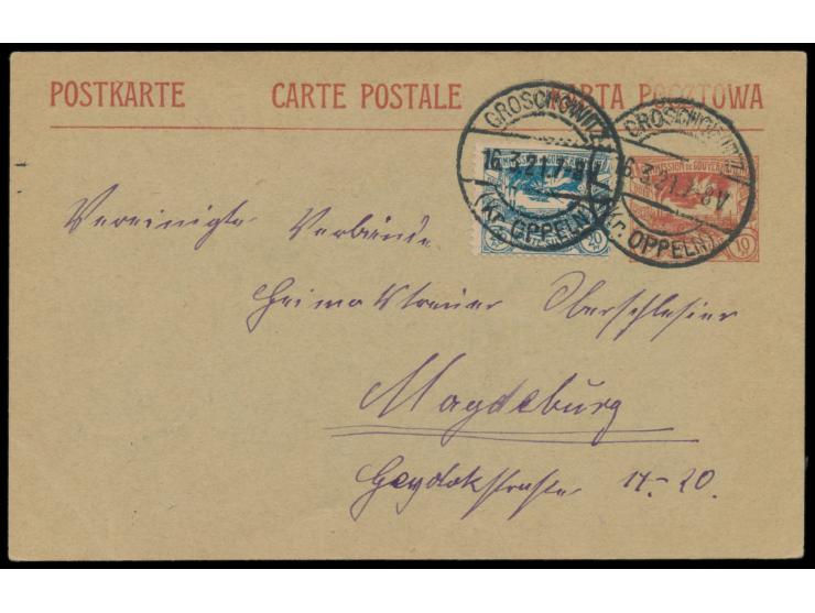 Stempel  Groschowitz (Kr. Oppeln)  16.3.21, zwei Abschläge auf Ganzsache 10 Pf. mit Zusatzfrankatur 20 Pf. an "Vereinigte Ver