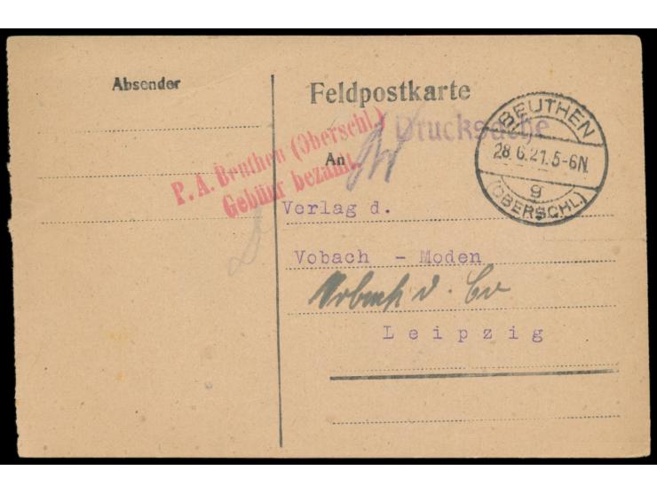 Drucksachenkarte mit Stempel Beuthen (Oberschl.) g 28.6.21 und roter L2  P.A. Beuthen (Oberschl.) / Gebühr bezahlt.  nach Lei