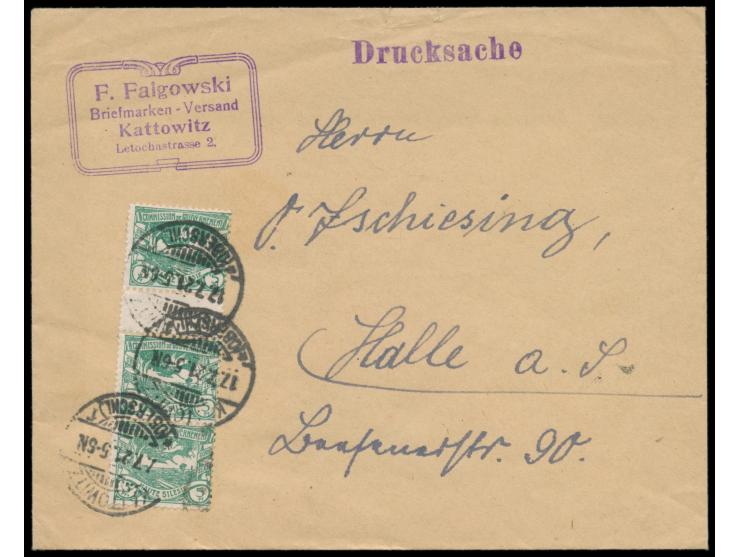 senkrechter Dreierstreifen 5 Pf. &nbsp;mit Zwischensteg &nbsp;auf Drucksache, Gitterstempel &nbsp;Kattowitz (Oberschl.) f &nb