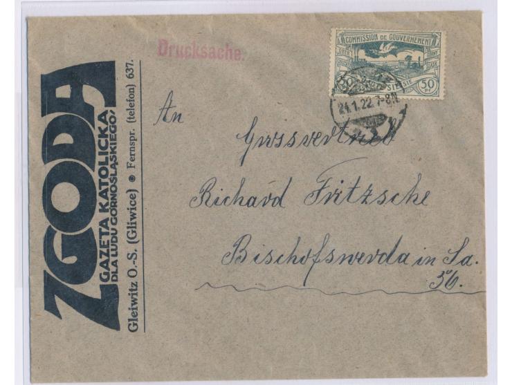 Einzelfrankatur 50 Pf. auf Drucksache mit Stempel  Gleiwitz 1  24.1.22 nach Bischofswerda, vorderseitiger Absender  "Zgoda - 
