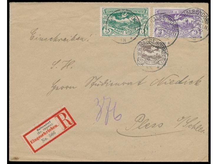 Mischfrankatur 4 M. auf  Einschreibbrief  mit Segmentstempel  Halbendorf (Kr. Oppeln)  7.3.22 (vier Abschläge) nach Pleß, Ank