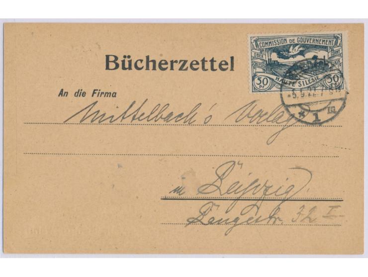 Einzelfrankatur 50 Pf. auf  Bücherzettel,  Stempel  Gleiwitz 1 m  5.5.22, nach Leipzig, portorichtig, Bedarf
