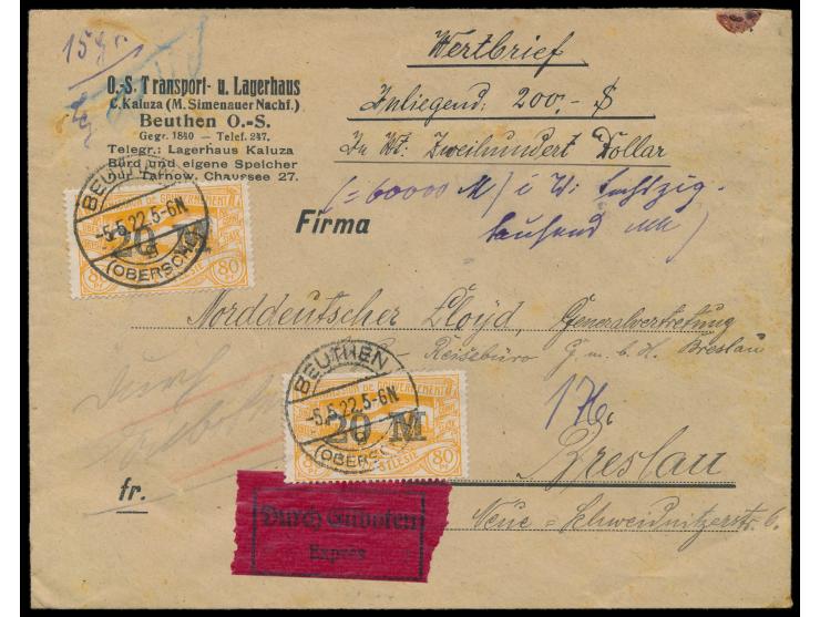 Aufdruck-Ausgabe 10 M.  auf 75 Pf. und  20 M.  auf 80 Pf. mit 2 M. und 5 M. beidseitig auf  Eilboten-Wertbrief  mit Wertangab